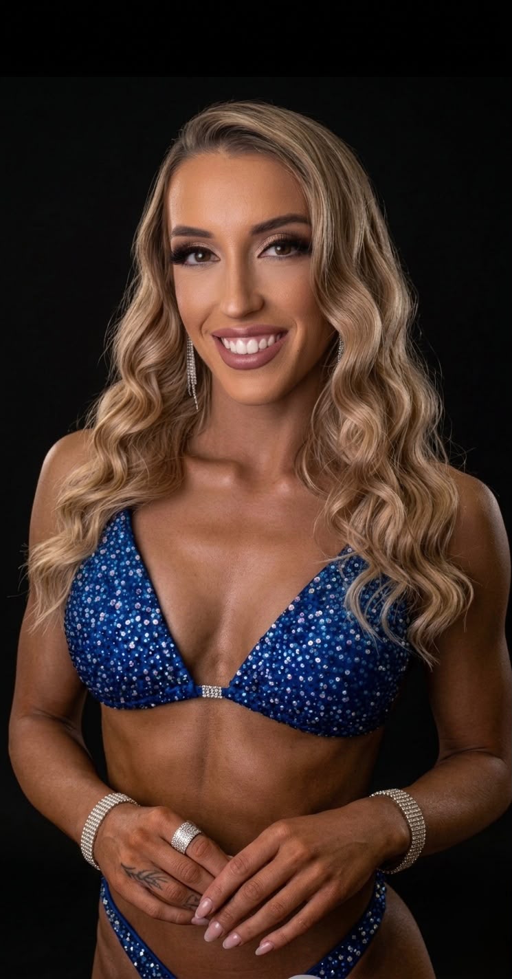 Blue bikini smiling stage portrait
